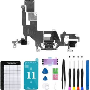for iPhone 11 Charging Port Replacement Data Dock Connector Headphone Microphone Port Antanna Flex Cable Assembly with Repair Tool Kit Waterproof Sticker for A2111 A2221 A2223