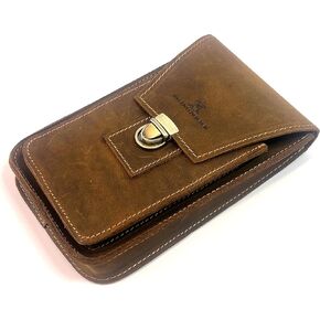 Fine Crazy Horse Soft Leather Vertical Mobile Phone Pouch ~ Brushed Leather-Lined Compartment ~ Leather Flap Covered Large Pouch and Phone-Sized Front Pouch ~ Belt Loop and Brass Hook