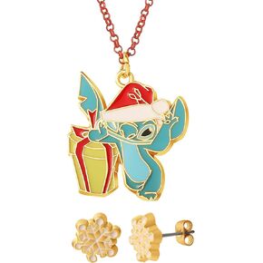Disney Lilo & Stitch Jewelry Set Official License, Flower Charm Hoop Earrings and 16+3 Stitch Necklace Fashion Jewelry Set