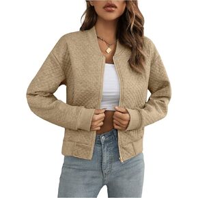 Floerns Women's Plaid Print Zip Up Bomber Jacket Casual Long Sleeve Coat Outwear