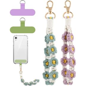 Jspupifip 2 PCS Boho Macrame Phone Wrist Strap, Cute Cell Phone Lanyard with Tether Tab Floral Smartphone Wristlet Bracelet Keychain Anti Theft Strap for Women Girls(Purple and Green)