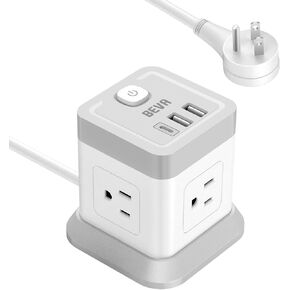 BEVA Power Strip with USB - 5ft Long Extension Cord Desktop Charging Station, Power Strip Cube with 4 Outlets and 3 USB Ports, Overload Protection, Compact for Travel, Cruise Ship, Office, Dorm Room