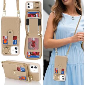 for iPhone 11 Case with Card Holder for Women,for iPhone 11 Crsosbody Case with Strap Lanyard,11 Wallet Case,Zipper Stand Ring Phone Case with Coin Pocket-Black