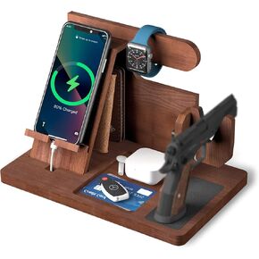 Wood Gun Holder Mens Gift Phone Wallet Docking Station Military Watch Night Stand Key Holder Side Table Charging Station Portable Small Item Storage Station
