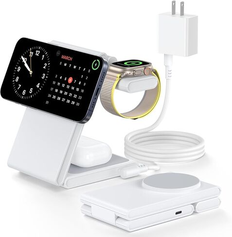 Upgraded 3 in 1 Foldable Magnetic Wireless Charging Station with PD 20W USB-C Adapter, Compatible with MagSafe, Charger Stand for iPhone 16/15/14/13/12 Series, Apple Watch, AirPods, White in Saudi Arabia