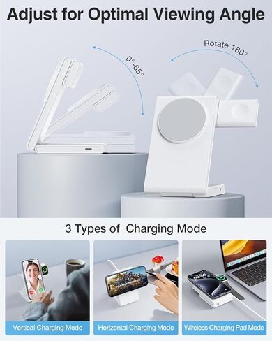 Upgraded 3 in 1 Foldable Magnetic Wireless Charging Station with PD 20W USB-C Adapter, Compatible with MagSafe, Charger Stand for iPhone 16/15/14/13/12 Series, Apple Watch, AirPods, White in Saudi Arabia