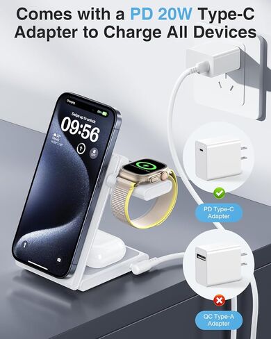 Upgraded 3 in 1 Foldable Magnetic Wireless Charging Station with PD 20W USB-C Adapter, Compatible with MagSafe, Charger Stand for iPhone 16/15/14/13/12 Series, Apple Watch, AirPods, White in Saudi Arabia