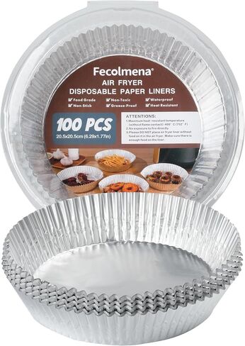 Air Fryer Liners Disposable, Fecolmena 100 PCS Round Aluminum Foil Papers, Safe Food Contact Grade Material & High Temperature Resistant for Air Fryers and Ovens in Saudi Arabia