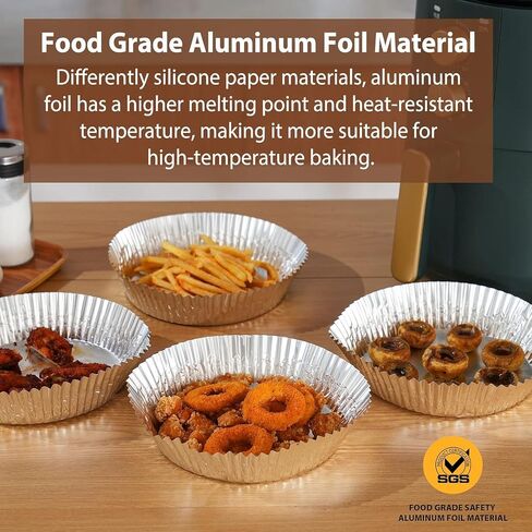 Air Fryer Liners Disposable, Fecolmena 100 PCS Round Aluminum Foil Papers, Safe Food Contact Grade Material & High Temperature Resistant for Air Fryers and Ovens in Saudi Arabia