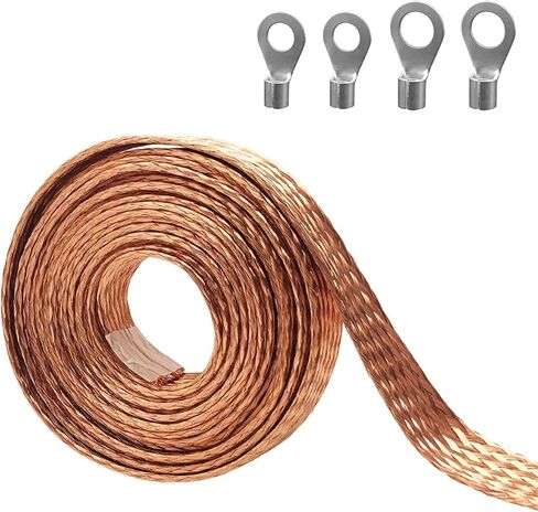 9.8ft 1/2 inch Flat Copper Braided Ground Strap Wire Sleeve Expandable Shielding Wire Mesh with Rings Terminal for Ground Protection Cable in Kuwait