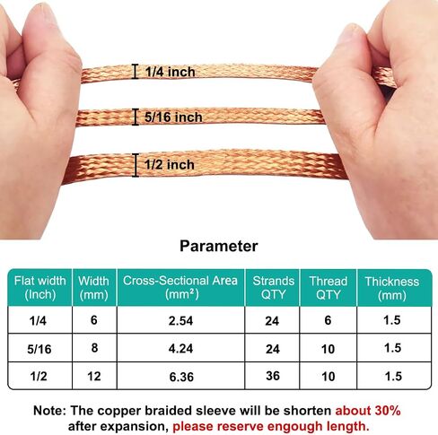 9.8ft 1/2 inch Flat Copper Braided Ground Strap Wire Sleeve Expandable Shielding Wire Mesh with Rings Terminal for Ground Protection Cable in Kuwait