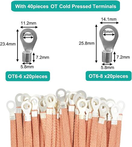 9.8ft 1/2 inch Flat Copper Braided Ground Strap Wire Sleeve Expandable Shielding Wire Mesh with Rings Terminal for Ground Protection Cable in Kuwait