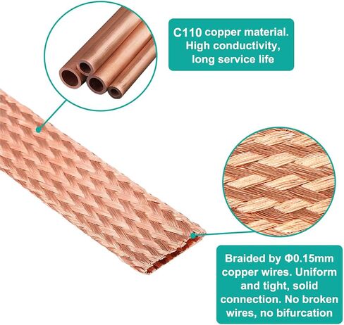 9.8ft 1/2 inch Flat Copper Braided Ground Strap Wire Sleeve Expandable Shielding Wire Mesh with Rings Terminal for Ground Protection Cable in Kuwait