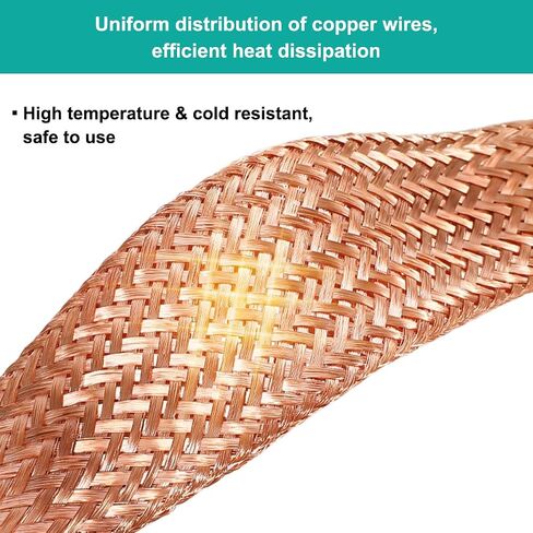 9.8ft 1/2 inch Flat Copper Braided Ground Strap Wire Sleeve Expandable Shielding Wire Mesh with Rings Terminal for Ground Protection Cable in Kuwait