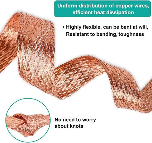 9.8ft 1/2 inch Flat Copper Braided Ground Strap Wire Sleeve Expandable Shielding Wire Mesh with Rings Terminal for Ground Protection Cable in Kuwait