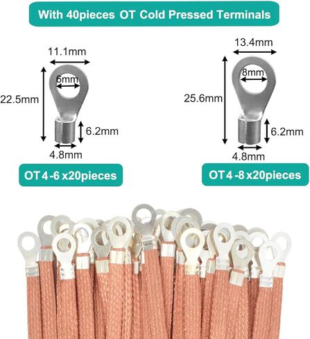 9.8ft 1/2 inch Flat Copper Braided Ground Strap Wire Sleeve Expandable Shielding Wire Mesh with Rings Terminal for Ground Protection Cable in Kuwait