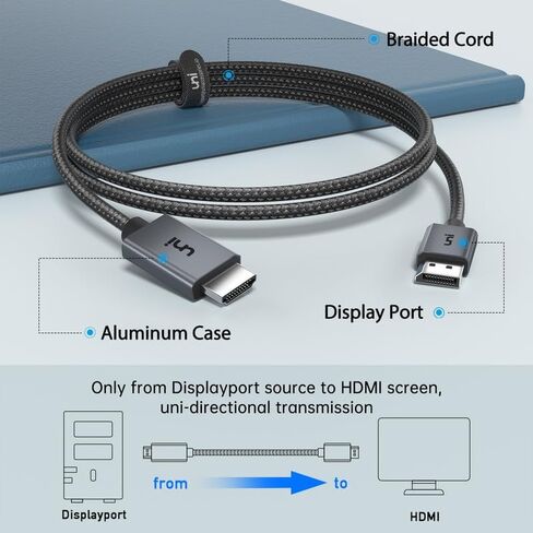 كابل DisplayPort uni 4K إلى HDMI بطول 6.6 أقدام [1440P@60 هرتز، 1080P@120 هرتز]، سلك DP مضفر قوي إلى HDMI للشاشة، منفذ عرض أحادي الاتجاه إلى كابل HDMI متوافق مع DELL وGPU وAMD وNVIDIA in Kuwait