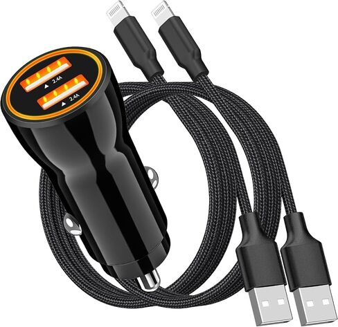[معتمد من Apple MFi] شاحن سيارة iPhone شحن سريع، Adeqwat 4.8A محول شحن سريع للسيارة USB مزدوج مع 2 كابل لايتنينج لشحن السيارة السريع لهاتف iPhone 14 13 12 11 Pro/XS MAX/XR/X/8/iPad in Saudi Arabia