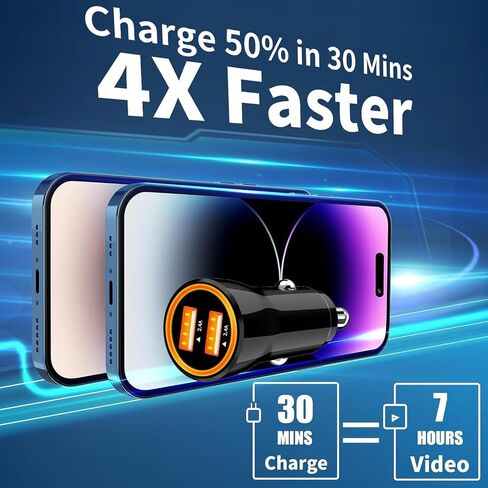 [معتمد من Apple MFi] شاحن سيارة iPhone شحن سريع، Adeqwat 4.8A محول شحن سريع للسيارة USB مزدوج مع 2 كابل لايتنينج لشحن السيارة السريع لهاتف iPhone 14 13 12 11 Pro/XS MAX/XR/X/8/iPad in Saudi Arabia