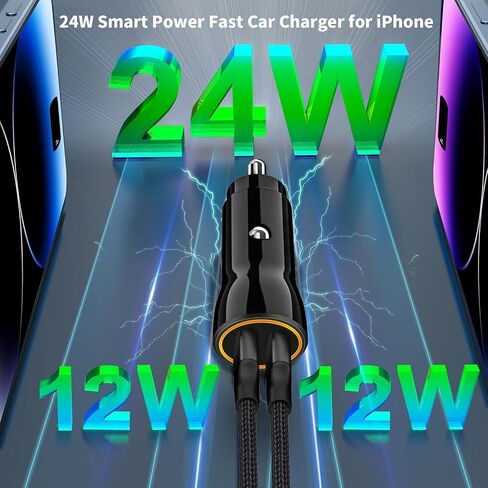 [معتمد من Apple MFi] شاحن سيارة iPhone شحن سريع، Adeqwat 4.8A محول شحن سريع للسيارة USB مزدوج مع 2 كابل لايتنينج لشحن السيارة السريع لهاتف iPhone 14 13 12 11 Pro/XS MAX/XR/X/8/iPad in Saudi Arabia