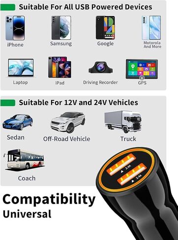 [معتمد من Apple MFi] شاحن سيارة iPhone شحن سريع، Adeqwat 4.8A محول شحن سريع للسيارة USB مزدوج مع 2 كابل لايتنينج لشحن السيارة السريع لهاتف iPhone 14 13 12 11 Pro/XS MAX/XR/X/8/iPad in Saudi Arabia