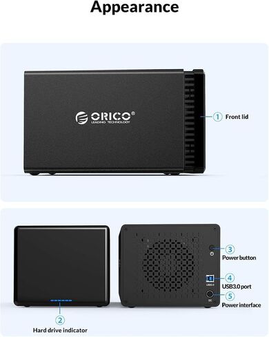 حاوية محرك الأقراص الصلبة الخارجية ORICO 5 Bay من الألومنيوم المغناطيسي 3.5 بوصة USB 3.0 إلى SATA HDD لتوسيع تخزين المؤسسات حتى 80 تيرابايت (5X16 تيرابايت) مع مروحة مدمجة ومصدر طاقة 78 وات - NS500U3 in Saudi Arabia