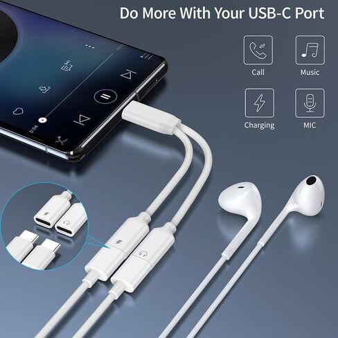 محول سماعة رأس وشاحن USB C منفصل USB C، محول صوت مقسم 2 في 1 من النوع C مع سلك كابل دونجل للشحن السريع متوافق مع 15 سلسلة، سلسلة Galaxy، جميع سلاسل Android (أبيض) in Saudi Arabia