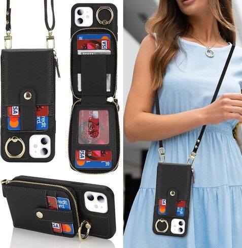for iPhone 11 Case with Card Holder for Women,for iPhone 11 Crsosbody Case with Strap Lanyard,11 Wallet Case,Zipper Stand Ring Phone Case with Coin Pocket-Black in Saudi Arabia