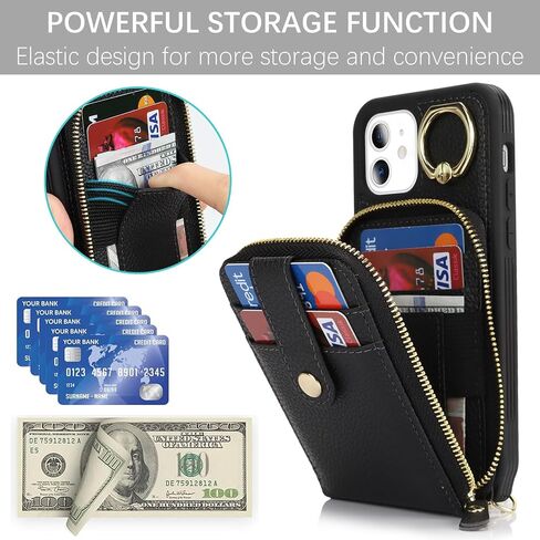 for iPhone 11 Case with Card Holder for Women,for iPhone 11 Crsosbody Case with Strap Lanyard,11 Wallet Case,Zipper Stand Ring Phone Case with Coin Pocket-Black in Saudi Arabia