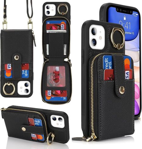 for iPhone 11 Case with Card Holder for Women,for iPhone 11 Crsosbody Case with Strap Lanyard,11 Wallet Case,Zipper Stand Ring Phone Case with Coin Pocket-Black in Saudi Arabia