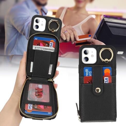 for iPhone 11 Case with Card Holder for Women,for iPhone 11 Crsosbody Case with Strap Lanyard,11 Wallet Case,Zipper Stand Ring Phone Case with Coin Pocket-Black in Saudi Arabia
