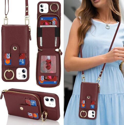 for iPhone 11 Case with Card Holder for Women,for iPhone 11 Crsosbody Case with Strap Lanyard,11 Wallet Case,Zipper Stand Ring Phone Case with Coin Pocket-Black in Saudi Arabia