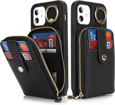 for iPhone 11 Case with Card Holder for Women,for iPhone 11 Crsosbody Case with Strap Lanyard,11 Wallet Case,Zipper Stand Ring Phone Case with Coin Pocket-Black in Saudi Arabia