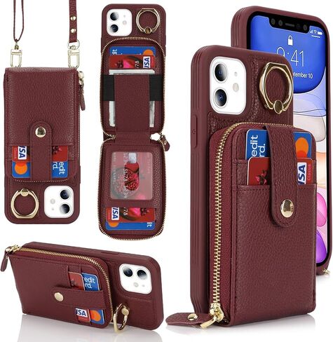 for iPhone 11 Case with Card Holder for Women,for iPhone 11 Crsosbody Case with Strap Lanyard,11 Wallet Case,Zipper Stand Ring Phone Case with Coin Pocket-Black in Saudi Arabia