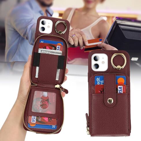 for iPhone 11 Case with Card Holder for Women,for iPhone 11 Crsosbody Case with Strap Lanyard,11 Wallet Case,Zipper Stand Ring Phone Case with Coin Pocket-Black in Saudi Arabia