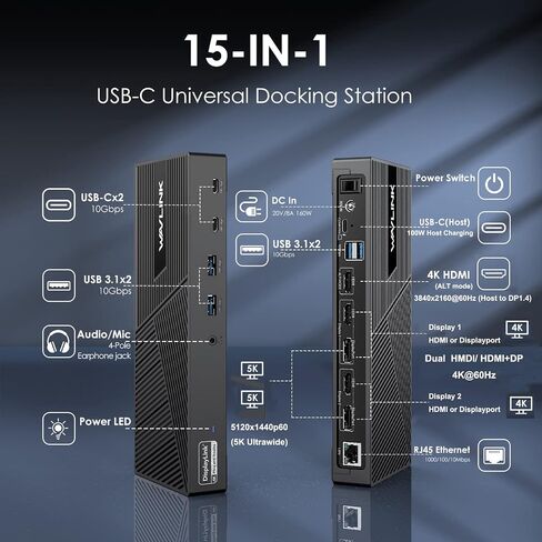 محطة إرساء WAVLINK USB C 4K@60 هرتز 3 شاشات لأجهزة Mac (M1-M5، Neo)، Windows | شحن 100 وات PD للكمبيوتر المحمول مع Thunderbolt 5/4/3، USB C - شاشة عرض ثلاثية Displaylink، 3 HDMI، 2 DP، 6 منافذ USB، LAN، صوت in Kuwait