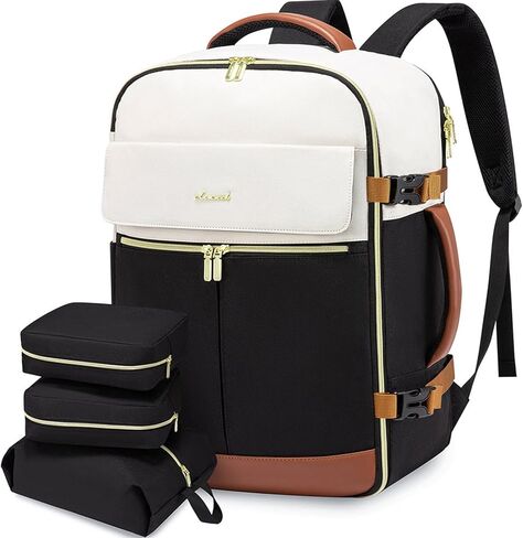 LOVEVOOK Travel Backpack for Women, TSA Carry On Backpack Flight Approved Luggage, 40L Water Resistant Personal Item Daypack Large Weekender Bag fit 17 inch Laptop with 3 Cubes, Beige-black-brown in Kuwait