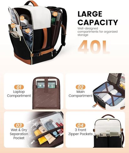 LOVEVOOK Travel Backpack for Women, TSA Carry On Backpack Flight Approved Luggage, 40L Water Resistant Personal Item Daypack Large Weekender Bag fit 17 inch Laptop with 3 Cubes, Beige-black-brown in Kuwait