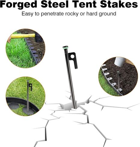 4 Pack Tent Stakes Heavy Duty Metal Tent Pegs with 10in Steel Tent Stakes+Fluorescent Silicone Rings+Special Bag for Camping Used on Rocks, Grassland (10in - 4 Pack) in Saudi Arabia