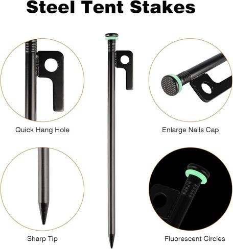4 Pack Tent Stakes Heavy Duty Metal Tent Pegs with 10in Steel Tent Stakes+Fluorescent Silicone Rings+Special Bag for Camping Used on Rocks, Grassland (10in - 4 Pack) in Saudi Arabia