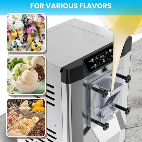 ماكينة صنع الآيس كريم التجارية، 1400 وات 4.3-5.3 جالون/ساعة ماكينة صنع الآيس كريم ذات النكهة الواحدة مع تنظيف تلقائي وشاشة LED ذكية لمطعم الوجبات الخفيفة في المطاعم، من الفولاذ المقاوم للصدأ in Kuwait