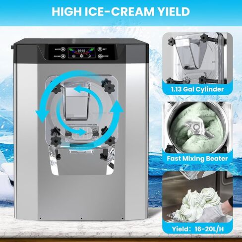 ماكينة صنع الآيس كريم التجارية، 1400 وات 4.3-5.3 جالون/ساعة ماكينة صنع الآيس كريم ذات النكهة الواحدة مع تنظيف تلقائي وشاشة LED ذكية لمطعم الوجبات الخفيفة في المطاعم، من الفولاذ المقاوم للصدأ in Kuwait