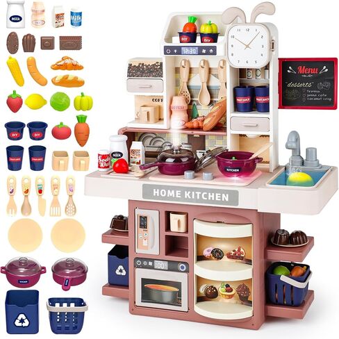 deAO Kitchen Playset Toy with Realistic Steam and Lights, Role Playing Game Pretend Food and Cooking Playset,37 PCS Mini Kitchen Accessories Set for 3 4 5 Years Old Girls Boys,Blue in Saudi Arabia