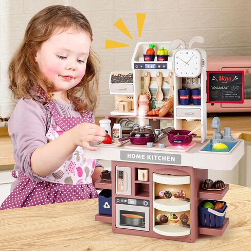 deAO Kitchen Playset Toy with Realistic Steam and Lights, Role Playing Game Pretend Food and Cooking Playset,37 PCS Mini Kitchen Accessories Set for 3 4 5 Years Old Girls Boys,Blue in Saudi Arabia