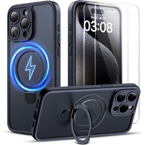 TOCOL Magnetic Ring Stand for iPhone 15 Pro Case, Upgraded [Full Camera Protection], [Compatible with MagSafe] Translucent Matte Back Bumper Phone Cover 6.1-Inch (Black)