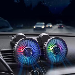 Car Fan,360° Adjustable Dual Head Cooling Air Fan Brushless Motor Low Noise Automobile Vehicle Fan Micro USB for Car/SUV/RV/Truck/Boat Use (With Coloured Light)