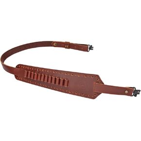 TOURBON Leather Rifle Sling with Ammo Holder, Adjustable Gun Sling with Swivels, Comfortable Cartridge Carrier Shoulder Strap