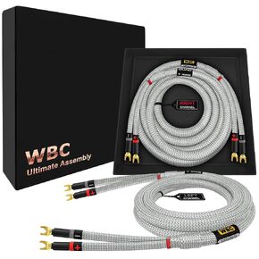WORLDS BEST CABLES 6 Foot Ultimate - 7 AWG - Ultra-Pure OFC – Extra Premium Audiophile HiFi Speaker Cable Pair with Eminence Spade Plugs & Silver Tweed Jacket