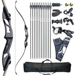 D&Q Hunting Recurve Bow and Arrow Set for Adults Kit Black Hunter Longbow Archery Hunting Target Practice Takedown Longbow Package 30 35 40 45 50 lbs Right Handed with Bow Case Stringer Arrow