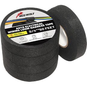 RED WOLF Wiring Harness Tape High Temp Wire Cable Loom Self-Adhesive Fabric Tape for Electrical Automotive Engine Harness Wrap Protection Noise Damping Cables Fixed 3/4 Inch x 50 FT 5 Rolls